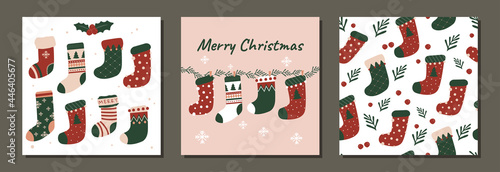 Set of modern christmas holiday vector seamless pattern and illustration socks design for fabrics, linen, decor and interiors