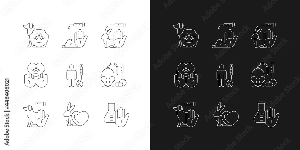 Stop animal testing linear icons set for dark and light mode. Pet ...