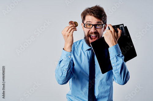 Cheerful man in shirt with tie finance e-commerce