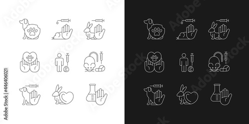Stop animal testing linear icons set for dark and light mode. Pet protection and welfare. Cruelty free mark. Customizable thin line symbols. Isolated vector outline illustrations. Editable stroke