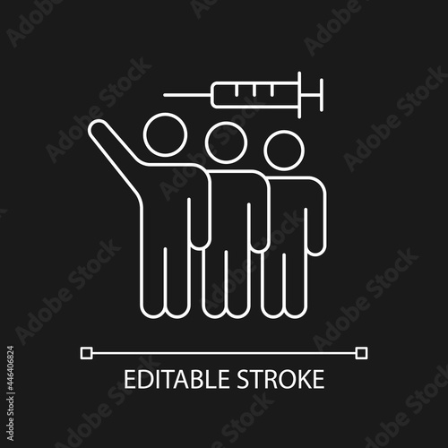 Volunteer testing white linear icon for dark theme. Population vaccination. Experiments alternative. Thin line customizable illustration. Isolated vector contour symbol for night mode. Editable stroke