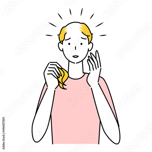ヘアケア 抜け毛か多くなり頭頂部の薄毛が目立ってきて困り顔の可愛い男性 イラスト シンプル ベクター 