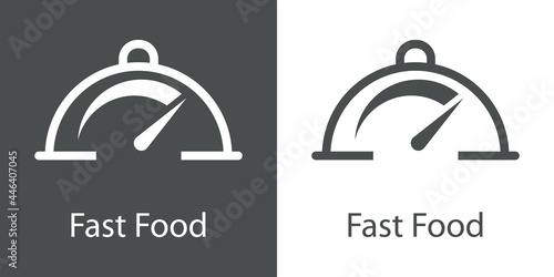 Logo con palabra Fast Food con velocímetro en bandeja de comida con tapadera con lineas en fondo gris y fondo blanco