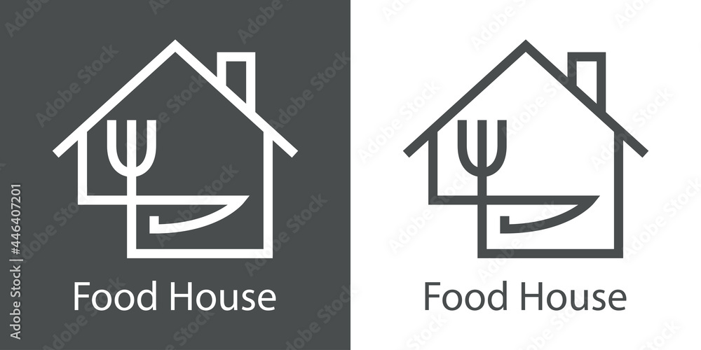 Logo con texto Food House con tenedor y cuchillo en aspa con forma de casa con lineas en fondo gris y fondo blanco