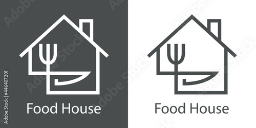 Logo con texto Food House con tenedor y cuchillo en aspa con forma de casa con lineas en fondo gris y fondo blanco