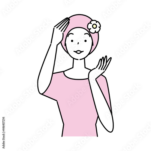 ヘアケア 薄毛対策で医療用のお洒落なケア帽子をかぶっている笑顔の可愛い女性 イラスト シンプル ベクター