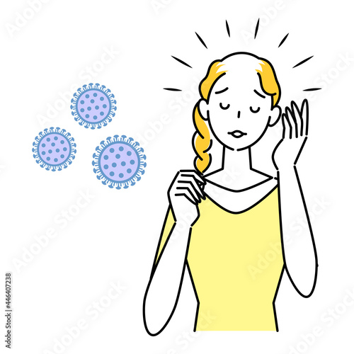 ヘアケア 新型コロナの後遺症による脱毛で困り顔の可愛い女性 イラスト シンプル ベクター