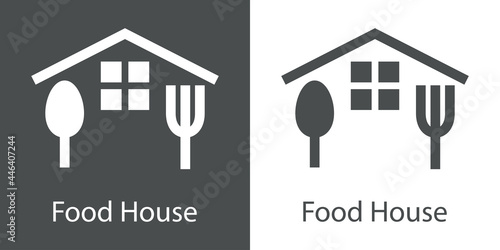 Logo con texto Food House con tenedor y cuchara con tejado y ventana con forma de casa en fondo gris y fondo blanco