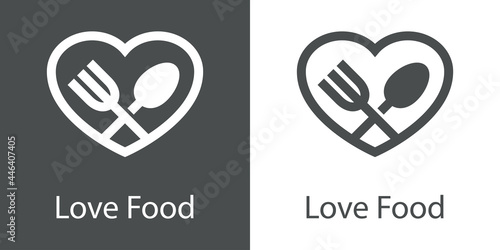 Logo con texto Love Food con corazón con cuchillo y tenedor con forma de aspa con lineas en fondo gris y fondo blanco