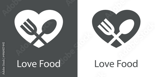 Logo con texto Love Food con corazón con cuchillo y tenedor con forma de aspa en fondo gris y fondo blanco