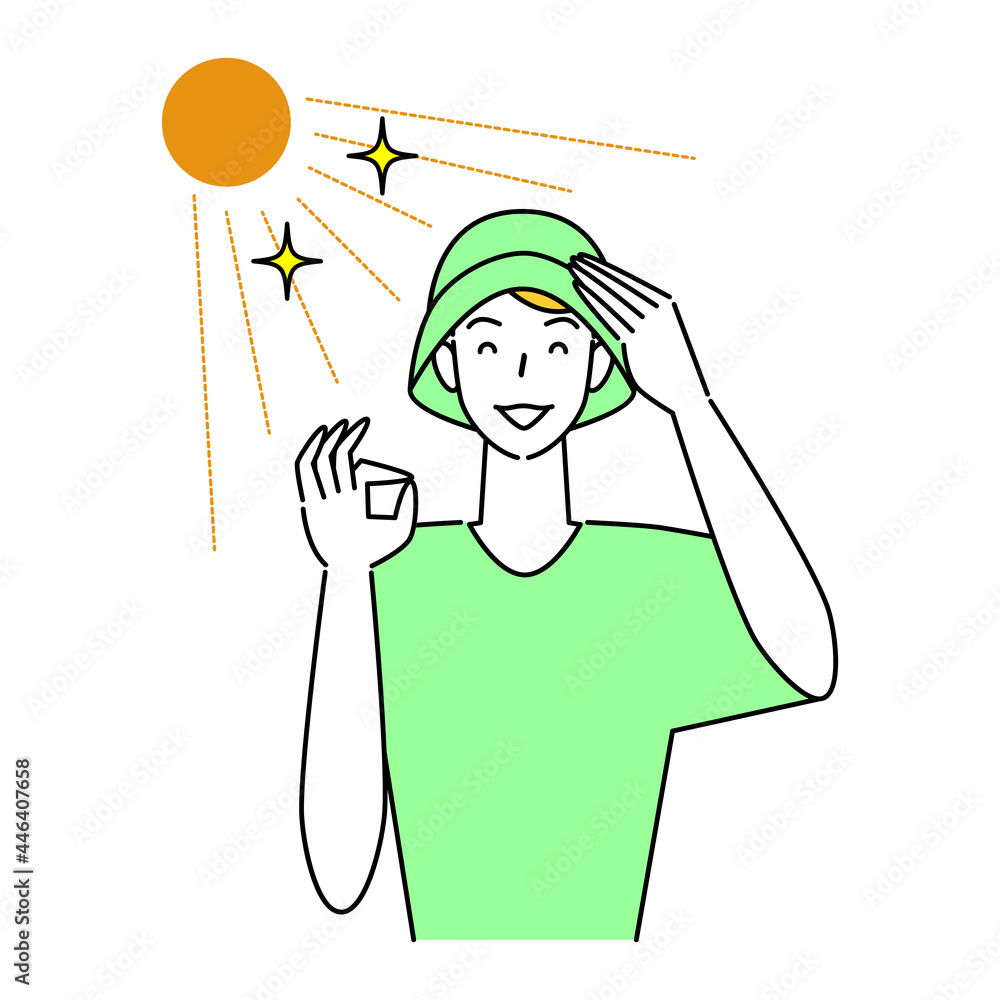 熱中症対策 太陽の下でUVカットの帽子をかぶっている笑顔の可愛い男性 イラスト シンプル ベクター
Heat stroke prevention. A man with a pretty smile wearing a UV-protective hat in the sun. Simple illustration. vector. 熱中症対策 太陽の下でUVカットの帽子をかぶっている笑顔の可愛い男性 イラスト シンプル ベクター
Heat stroke prevention. A man with a pretty smile wearing a UV-protective hat in the sun. Simple illustration. vector.