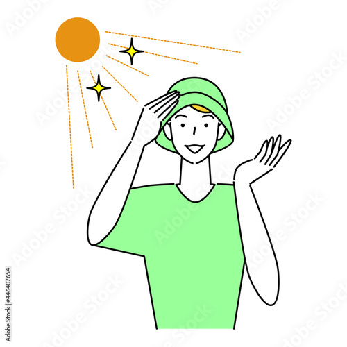 熱中症対策 太陽の下でUVカットの帽子をかぶっている笑顔の可愛い男性 イラスト シンプル ベクター