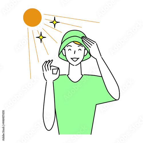 熱中症対策 太陽の下でUVカットの帽子をかぶっている笑顔の可愛い男性 イラスト シンプル ベクター