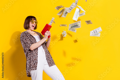 Billede på lærred Photo of astonished young lady spend money wear eyewear chain leopard shirt isol