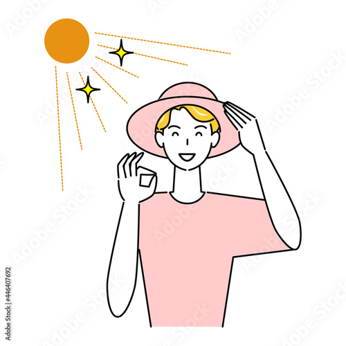 熱中症対策 太陽の下でUVカットの帽子をかぶっている笑顔の可愛い男性 イラスト シンプル ベクター