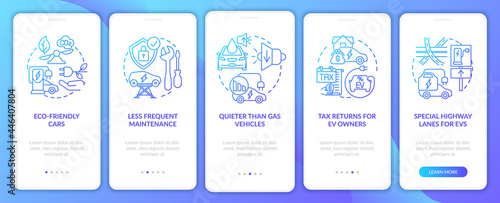 Electric car potentials onboarding mobile app page screen. Future technologies pros walkthrough 5 steps graphic instructions with concepts. UI, UX, GUI vector template with linear color illustrations