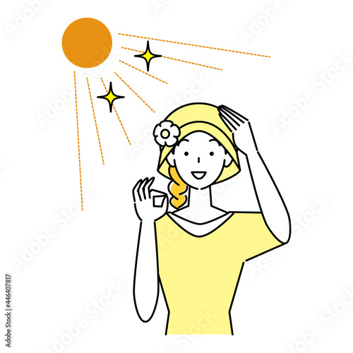 熱中症対策 太陽の下でUVカットの帽子をかぶっている笑顔の可愛い女性 イラスト シンプル ベクター