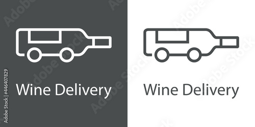 Logotipo con texto Wine Delivery con silueta de botella de vino con ruedas con lineas en fondo gris y fondo blanco