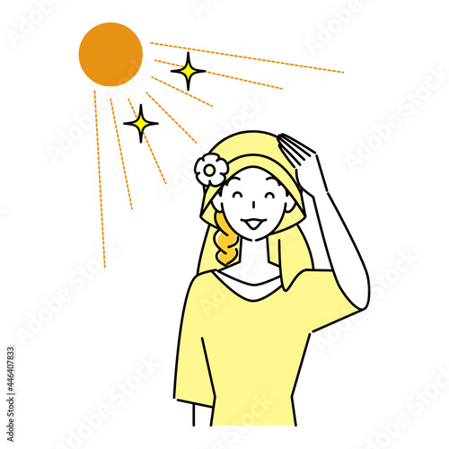 熱中症対策 太陽の下でバックシェード付きのUVカットの帽子をかぶっている笑顔の可愛い女性 イラスト シンプル ベクター