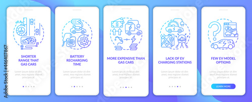 Green car disadvantages onboarding mobile app page screen. Electric vehicle defects walkthrough 5 steps graphic instructions with concepts. UI, UX, GUI vector template with linear color illustrations