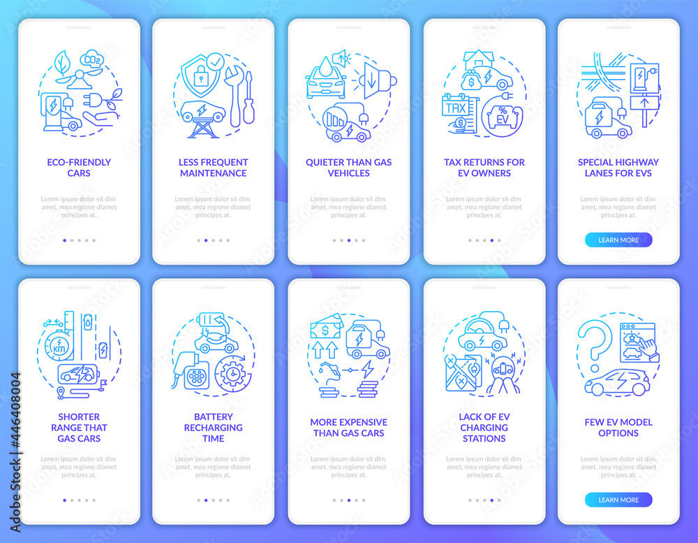 EV standardization onboarding mobile app page screen. Eco transport pros and cons walkthrough 5 steps graphic instructions with concepts. UI, UX, GUI vector template with linear color illustrations EV standardization onboarding mobile app page screen. Eco transport pros and cons walkthrough 5 steps graphic instructions with concepts. UI, UX, GUI vector template with linear color illustrations