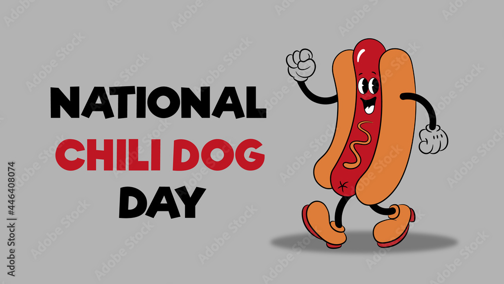 National Chili Dog Day July 29. Cartoon hot dog with mustard, lettering.  American chili dog vector illustration. Food concept. National Chili Dog  Day poster, card, banner with text inspiration. Stock Vector |