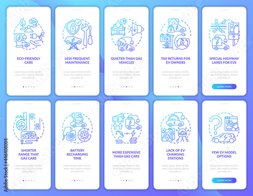 EV standardization onboarding mobile app page screen. Eco transport pros and cons walkthrough 5 steps graphic instructions with concepts. UI, UX, GUI vector template with linear color illustrations