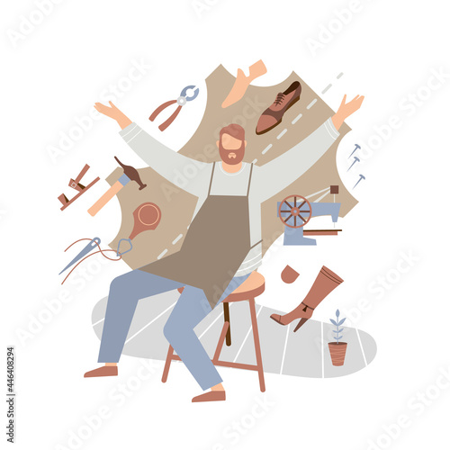 Shoemaker - professional activity. Tools in a shoemaker's workshop. Abstract composition. Vector illustration