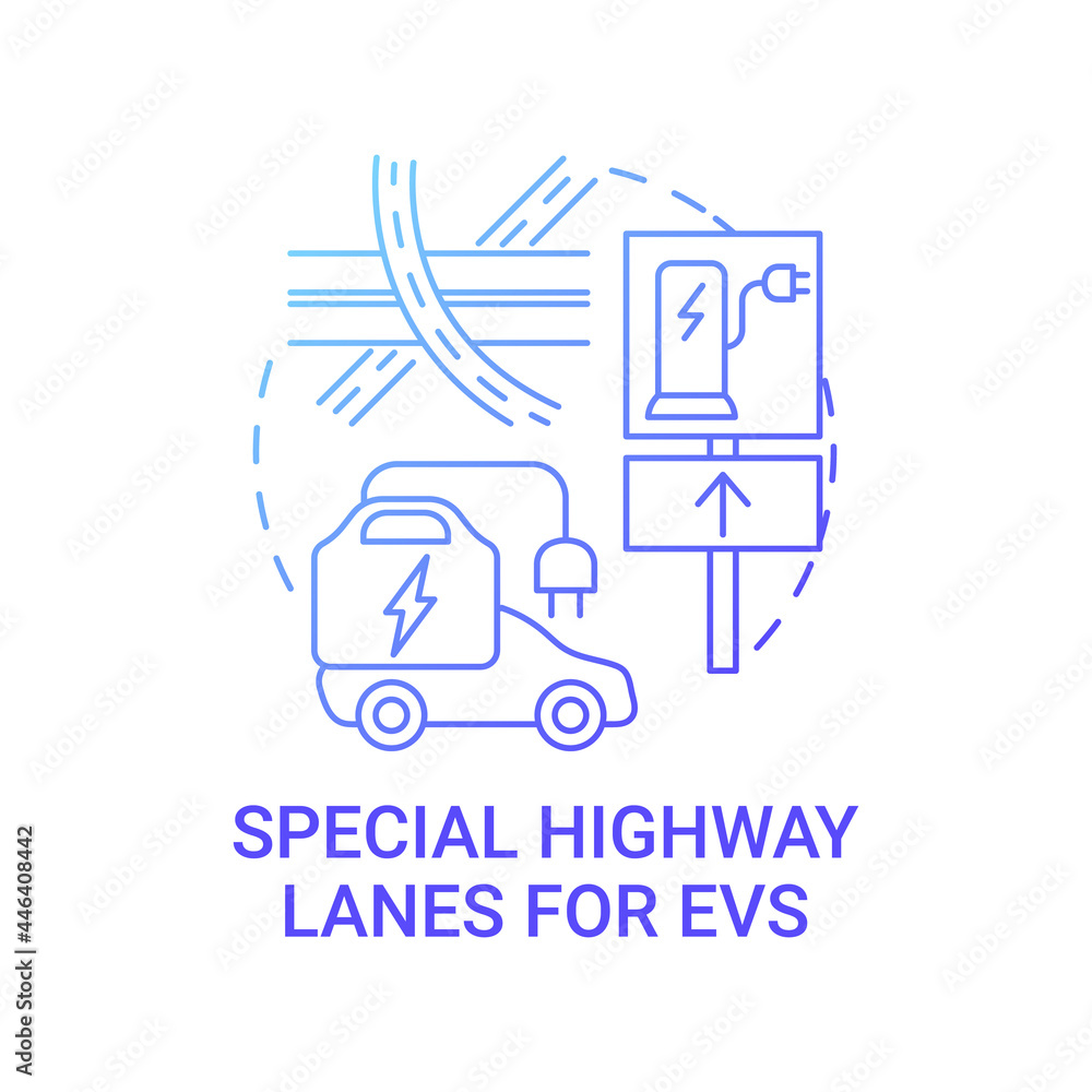 EV special highway lanes concept icon. Eco-friendly car integral part life routes abstract idea thin line illustration. Green useful features and facilities. Vector isolated outline color drawing. EV special highway lanes concept icon. Eco-friendly car integral part life routes abstract idea thin line illustration. Green useful features and facilities. Vector isolated outline color drawing.