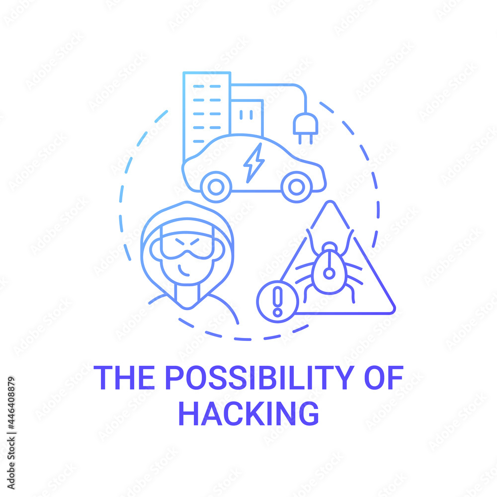 EV hacking threat concept icon. Future transport enhancing cybersecurity systems abstract idea thin line illustration. Tricking car activity. Vector isolated outline color drawing. EV hacking threat concept icon. Future transport enhancing cybersecurity systems abstract idea thin line illustration. Tricking car activity. Vector isolated outline color drawing.