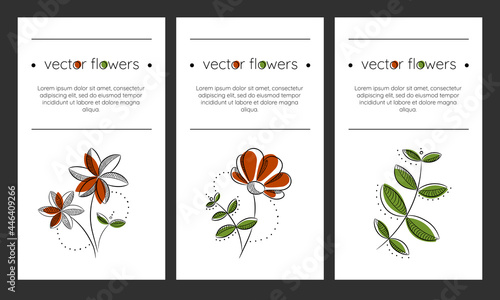 Elegant vector background for social media, banner, card with hand draw flowers and leaves in linear style. Minimalism in nature