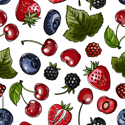 Seampless pattern vector color food. Garden and forest berries