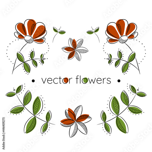 Hand drawn white flowers and leaves background. Vector drawings in linear style. Minimalism in nature