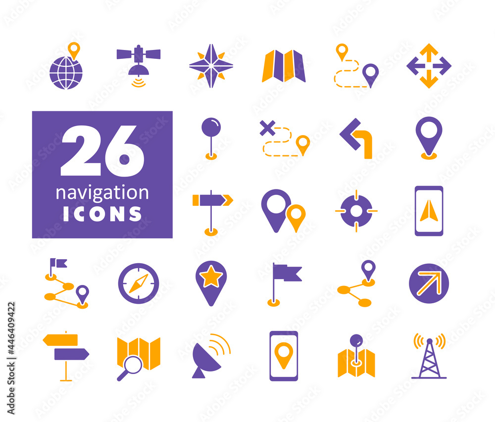 Maps, location, navigation vector glyph icons set Maps, location, navigation vector glyph icons set