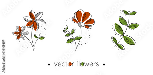 Hand drawn white flowers and leaves collection. Vector drawings in linear style. Minimalism in nature