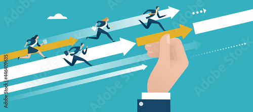 Support - help. The manager‘s hand fills the gap between arrows to reach the goal. Business vector illustration