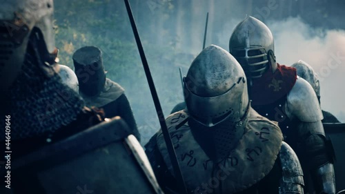 Epic Invading Army of Medieval Soldiers Marching on Battlefield, Armored Warriors with Swords. War, Battle, Conquest. Dramatic Historical Reenactment. Cinematic Action, Medium Slow Motion