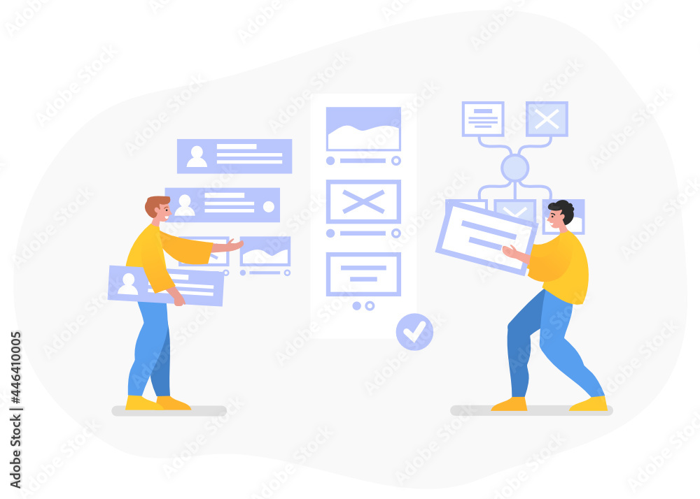 User interface, web or desktop application development. Two people stand near web page, various interface elements. Modern vector illustration