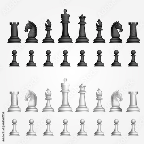 Realistic chess game black and white figures set isolated