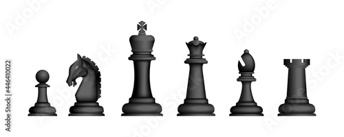 Realistic chess game black figures set isolated