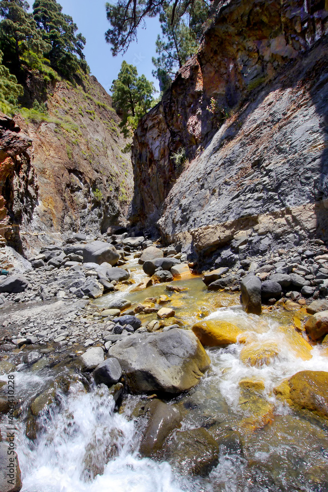 Obraz premium Dos Aguas, Barranco de las Angustias,Taburiente River, Barranco Almendro Amargo, Caldera de Taburiente National Park, Biosphere Reserve, ZEPA, LIC, La Palma, Canary Islands, Spain, Europe
