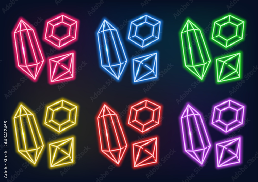 Colored crystals in neon style. Glowing lines on a dark background. Fireplaces and jewelry. Colored crystals in neon style. Glowing lines on a dark background. Fireplaces and jewelry.