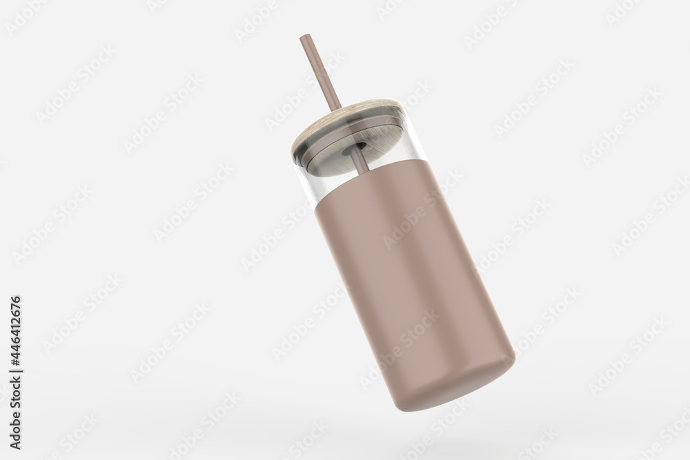 Borosilicate Glass Tumbler Glass Water Bottle With Straw Silicone Sleeve Bamboo Lid. 3d illustration Borosilicate Glass Tumbler Glass Water Bottle With Straw Silicone Sleeve Bamboo Lid. 3d illustration