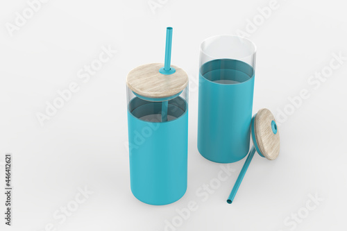 Borosilicate Glass Tumbler Glass Water Bottle With Straw Silicone Sleeve Bamboo Lid. 3d illustration photo