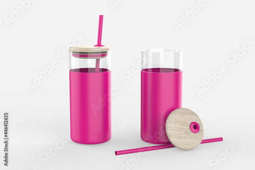 Borosilicate Glass Tumbler Glass Water Bottle With Straw Silicone Sleeve Bamboo Lid. 3d illustration