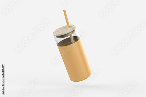 Borosilicate Glass Tumbler Glass Water Bottle With Straw Silicone Sleeve Bamboo Lid. 3d illustration