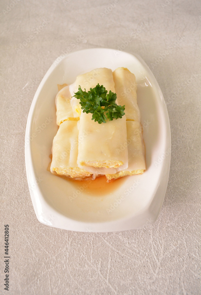 steamed rice vermicelli noodle roll wrapped with char siew prawn meat in salted soy sauce Cee cheong fan asian halal dim sum menu steamed rice vermicelli noodle roll wrapped with char siew prawn meat in salted soy sauce Cee cheong fan asian halal dim sum menu