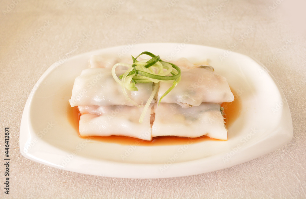 steamed rice vermicelli noodle roll wrapped with char siew prawn meat in salted soy sauce Cee cheong fan asian halal dim sum menu steamed rice vermicelli noodle roll wrapped with char siew prawn meat in salted soy sauce Cee cheong fan asian halal dim sum menu