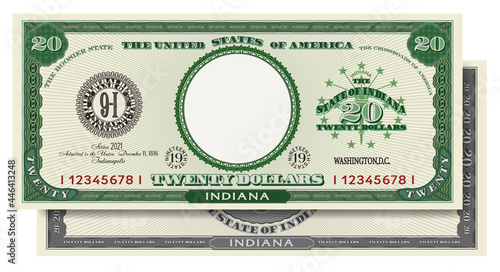 Paper money US obverse or reverse. Fictional American 20 dollars note is dedicated to the state of Indiana. Empty circle