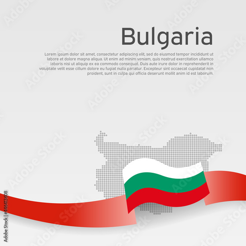 Bulgaria flag, mosaic map on white background. Wavy ribbon with the bulgarian flag. Vector banner design, bulgaria national poster. Cover for business booklet. State patriotic, flyer, brochure